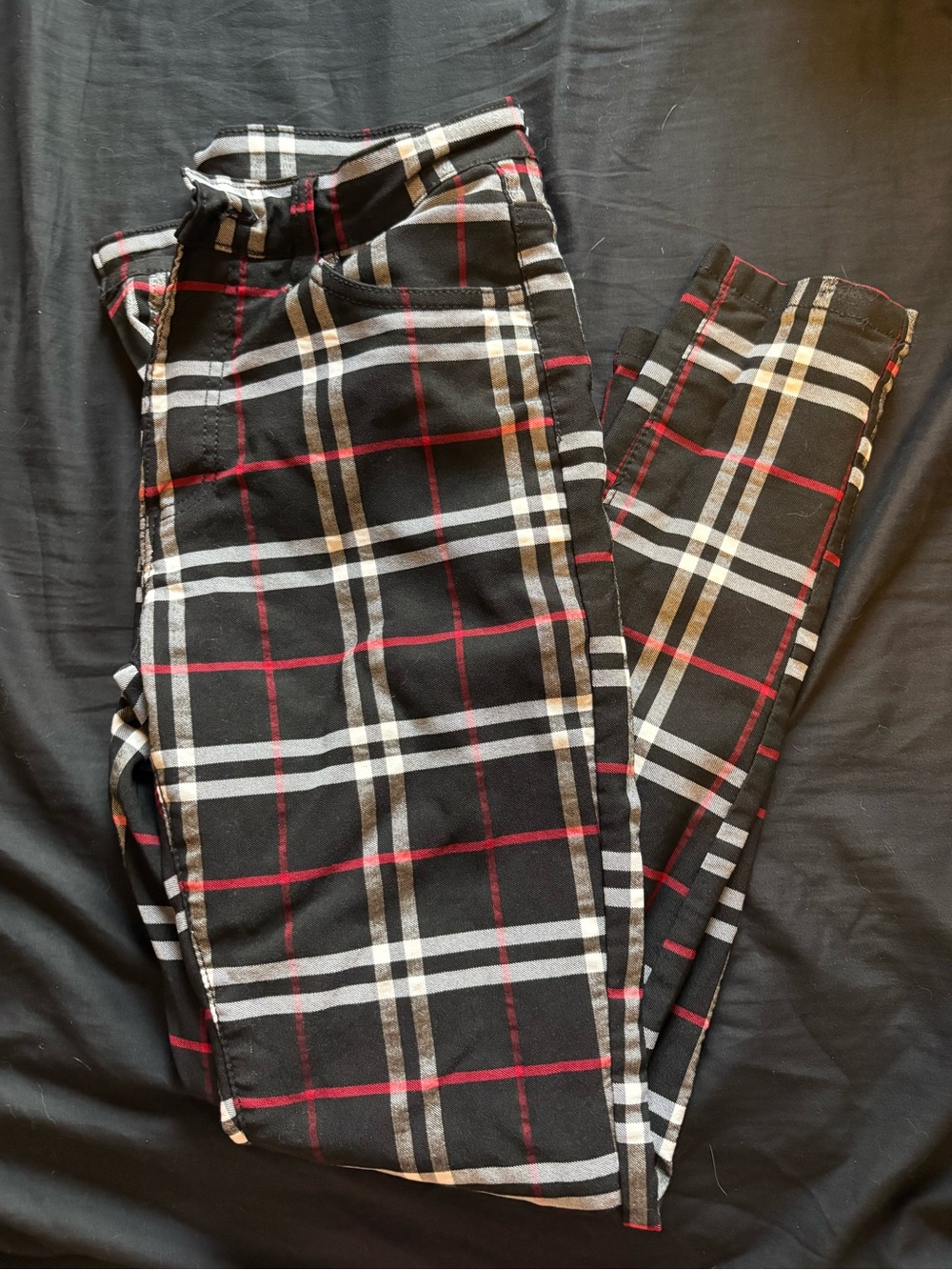 Black Plaid Skinny Pants with Red & White
